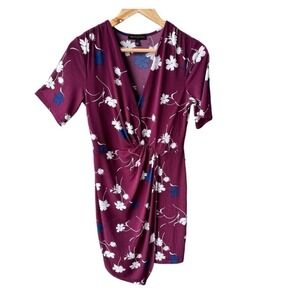 Banana Republic Dress Faux Wrap Burgundy Floral Short Sleeve Twist Front Small